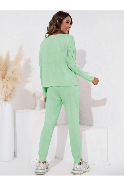 FridayIn Home style Round neck Solid color Waist drawstring Bat sleeve Pants Suits