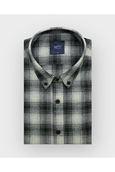KAMER Regular Fit Winter Long Sleeve Buttoned Collar Plaid Gray Black Shirt 3872S