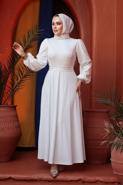 N.S NEVA STYLE White Hijab Dress with Belt 23101B