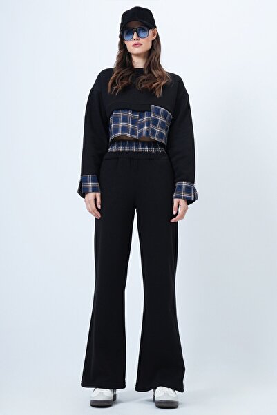 VAGGON Women's Black-Navy Blue Plaid Detailed Sweatshirt and Wide Leg Pants Set Vs01524