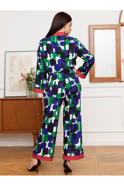 FridayIn Holiday style Lapel Color contrast Printing Buttons Waist drawstring Shirt sleeve Pants Suits