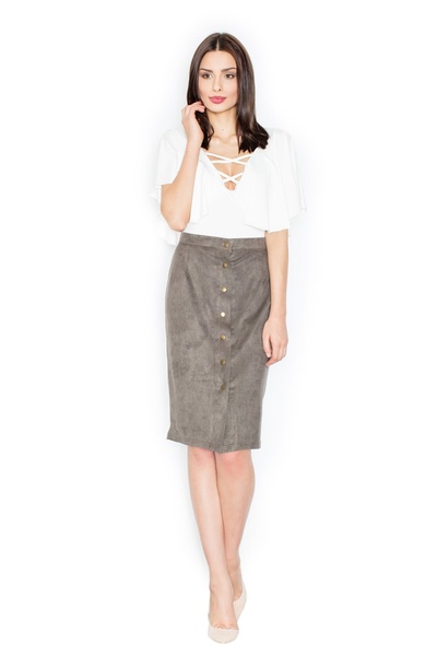 Figl Suede skirt with buttons, olive green, M453, size XL