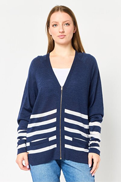 Lacoste كارديجان نسائي مخطط بفتحة رقبة على شكل حرف V، أزرق داكن