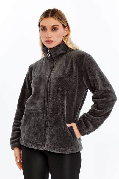 SENTEX Welsoft Zippered Gray Pocket Women's Cardigan