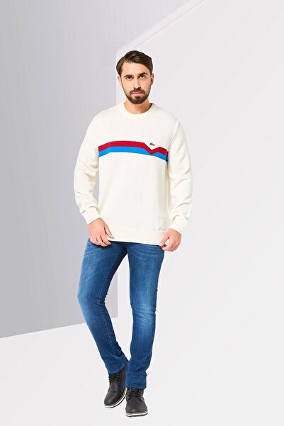 Lacoste Men Crew Neck Embroidered Logo Long Sleeve Sweater, Cream