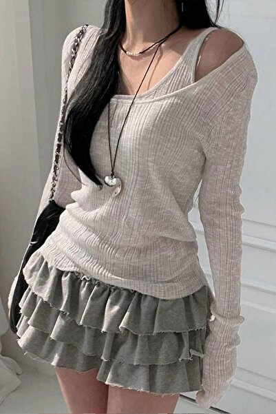 Karakedi Gray Ek Strap Madonna Collar Harajuku Y2K Long Sleeve Crop