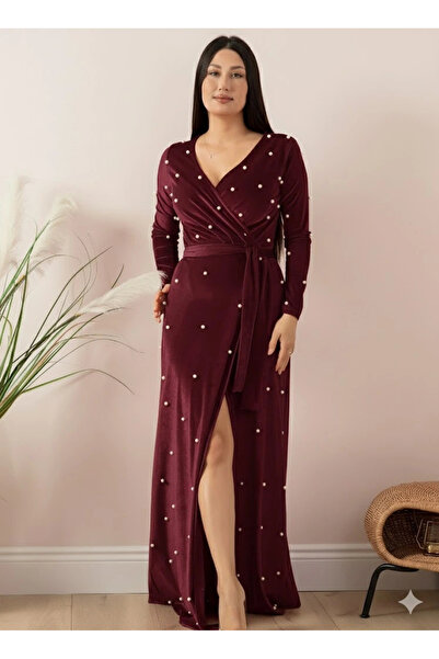 AZRA BUTİK Velvet Pearls Long Evening Dress Plum