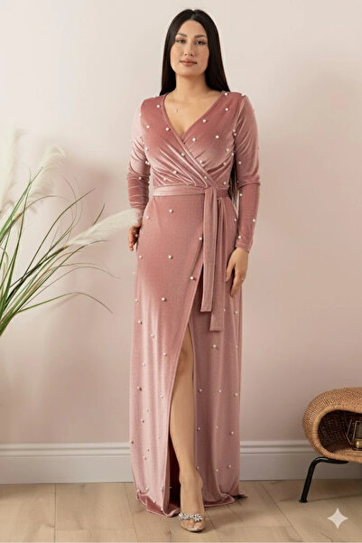 AZRA BUTİK Velvet Pearled Long Evening Dress Powder