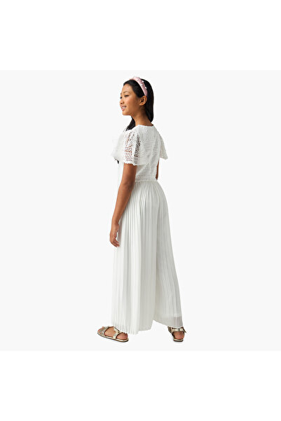 Juniors Laced Wide Leg Jumpsuit with Pleats and Round Neck