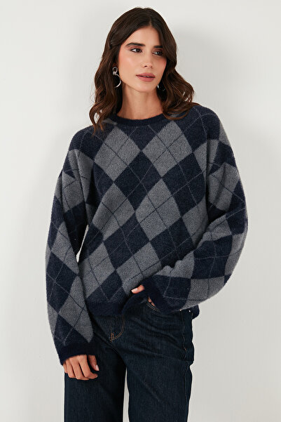 Lela Baklava Patterned Oversized Crew Neck Soft Textured Sweater Sweater 4616262