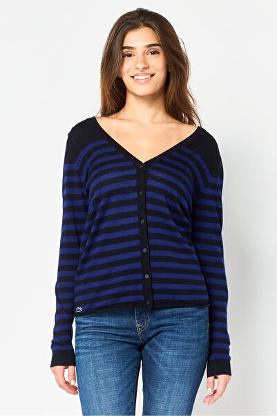 Lacoste Women V Neck Embroidered Logo Long Sleeve Cardigan, Multicolor