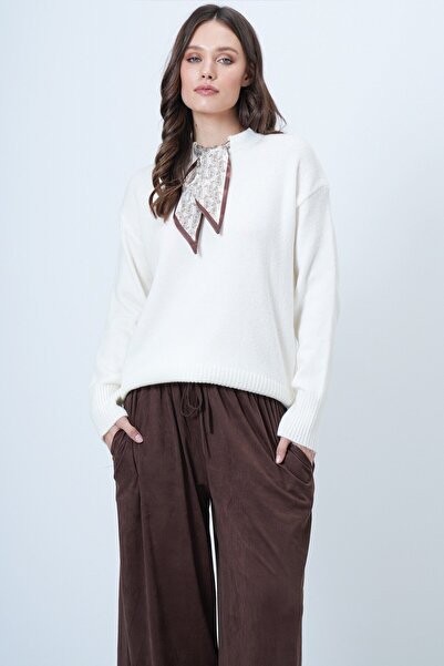 VAGGON Women's Ecru Crew Neck Scarf Knitwear Sweater Vs01520