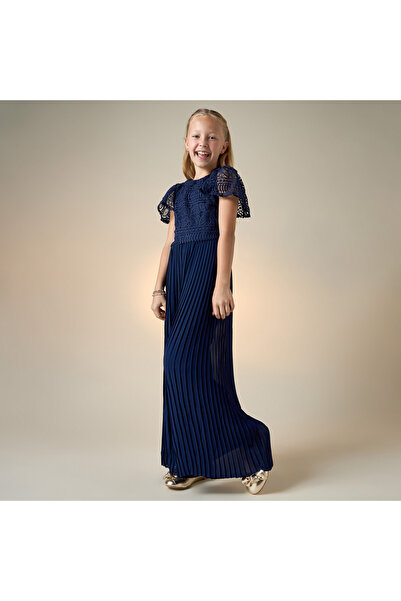 Juniors Laced Wide Leg Jumpsuit with Pleats and Round Neck