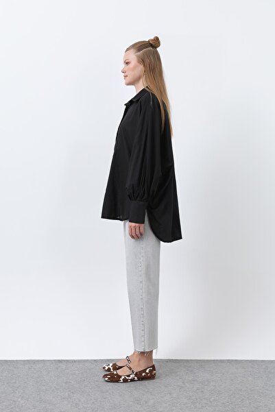 Loreen Women's Flounced Oversized Cotton Poplin Shirt-20665Gml - Black