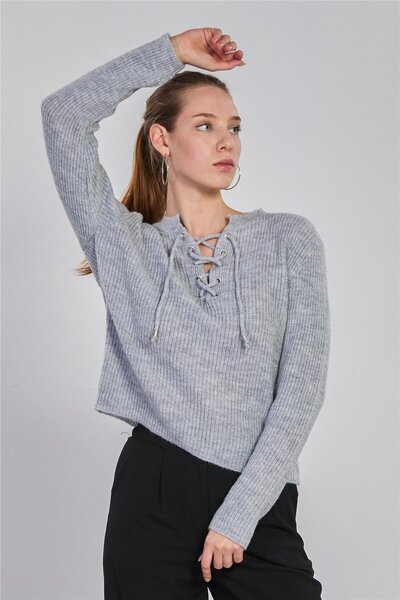BARRELS AND OIL Women's Collar Lace-Up Knitwear Sweater - Light Gray