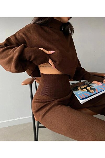 NZL TEKSTİL DGN'S PARMAK GEÇMELİ BOĞAZLI 2'li YÜKSEK BEL CROP-PANTOLON TAKIM