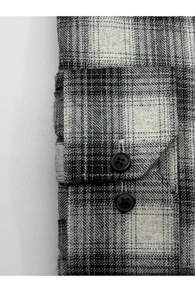 KAMER Regular Fit Winter Long Sleeve Buttoned Collar Plaid Gray Black Shirt 3872S