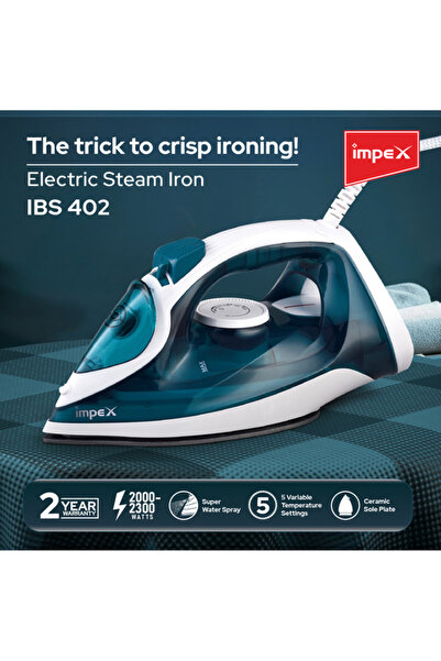 İMPEX IBS402 Steam Iron 2000-2300W Ceramic Soleplate Spray 360 Swivel 1.2Kg 5 Settings 2Y Warranty