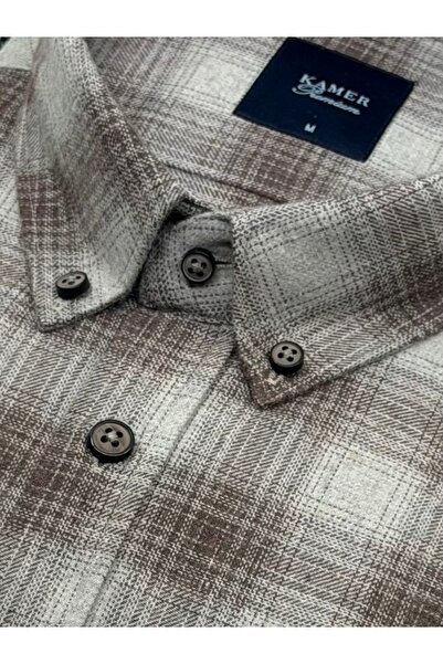 KAMER Regular Fit Winter Long Sleeve Button-Up Collar Plaid Grey-Brown Shirt 3872K