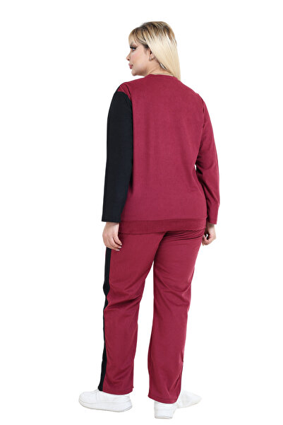 MELSAY Women's Plus Size Velvet Red-Black Color Block Tracksuit Set