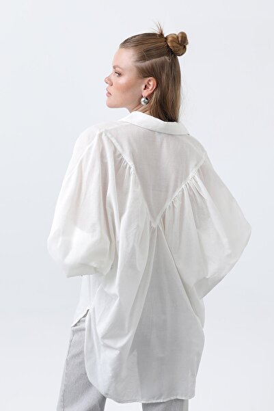 Loreen Women's Flounced Oversized Cotton Poplin Shirt-20665Gml - Ecru