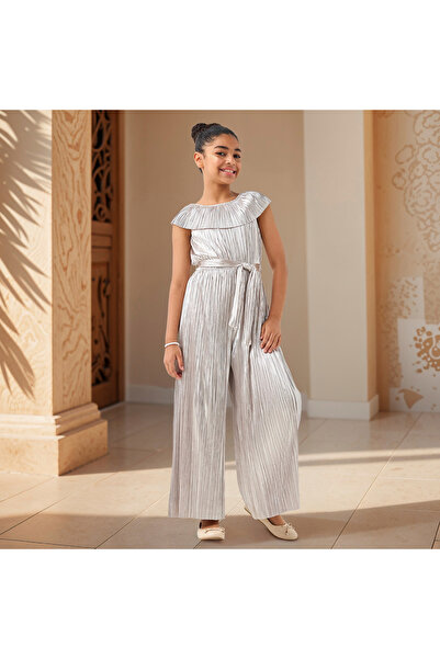 Juniors Pleated Cap Sleeves Jumpsuit with Tie-Up