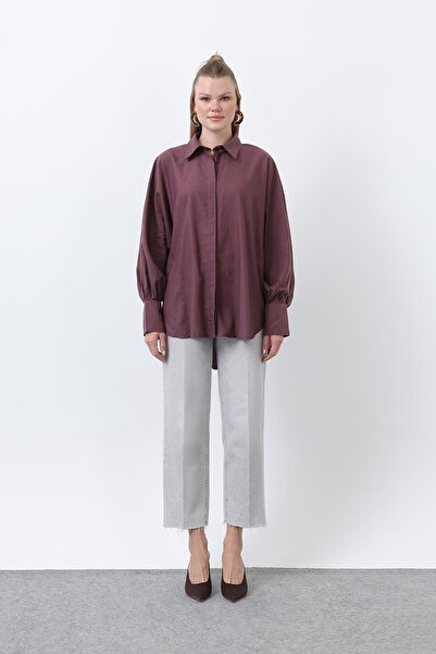 Loreen Women's Flounced Oversized Cotton Poplin Shirt-20665Gml - Almond Green