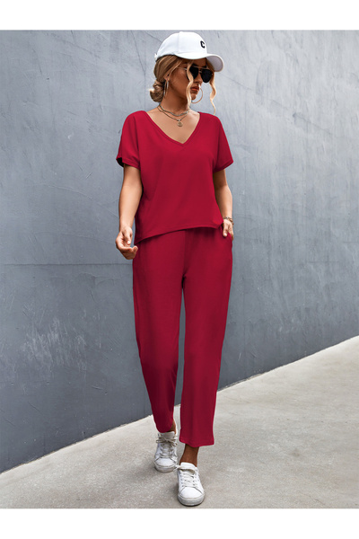 FridayIn Casual Simplicity Round neck Strapless Solid color Pocket Bat sleeve Pants Suits