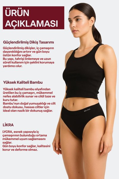 BELİNOPLUS Women's Slip Bamboo Black Color 6 Pack Briefs