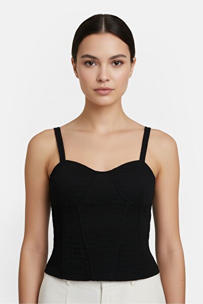 PROMOD Women Sweetheart Neck Sleeveless Textured Tank Top, Black