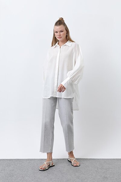 Loreen Women's Flounced Oversized Cotton Poplin Shirt-20665Gml - Ecru