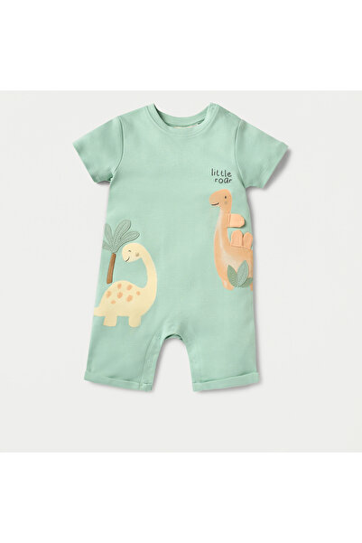 Juniors Dinosaur Applique Romper with Short Sleeves and Button Closure