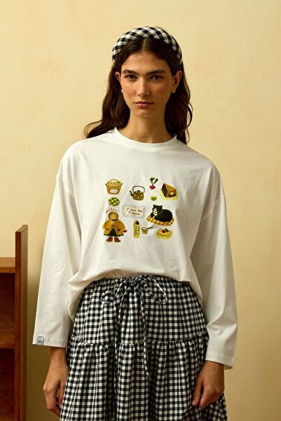 Ceylan Otantik Ecru Lazy Cat Printed Basic Body