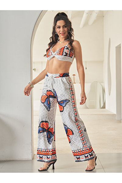 FridayIn Fast fashion Suspender Printing Crossover design Pocket Strapless sleeve Pants Suits