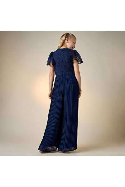 Juniors Laced Wide Leg Jumpsuit with Pleats and Round Neck