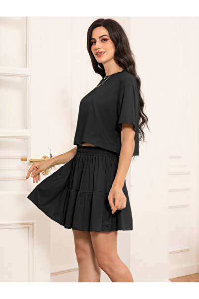 FridayIn Sweet Round neck Solid color Waist drawstring Splicing Regular sleeve Dress Suits
