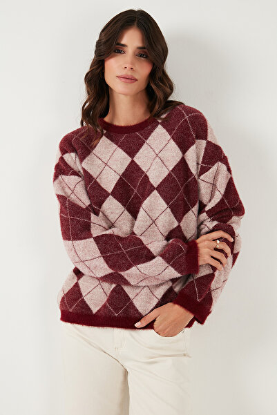 Lela Baklava Patterned Oversized Crew Neck Soft Textured Sweater Sweater 4616262