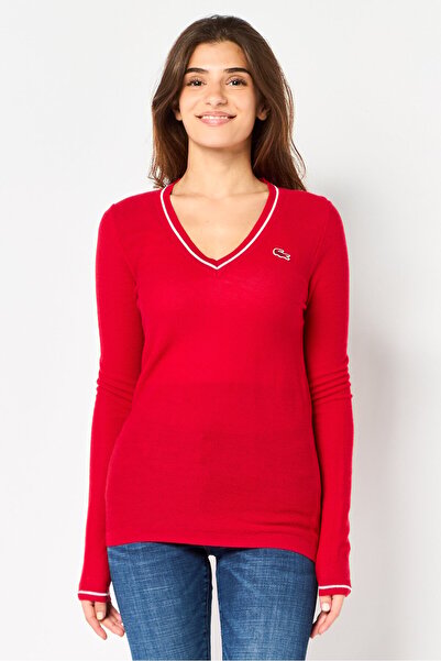 Lacoste Women V-Neck Brand Logo Sweater, Red