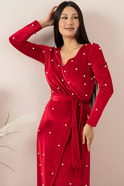 AZRA BUTİK Velvet Pearls Long Evening Dress Red