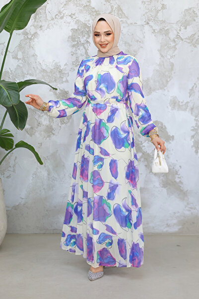 N.S NEVA STYLE Patterned Purple Hijab Dress 344601Mor