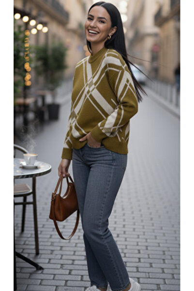 VEGENZE Women's Khaki Geometric Patterned Crew Neck Winter Knitwear