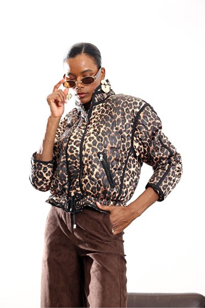 5in1Canpolat Black Waist-Cinching Leopard Print Coat 99463