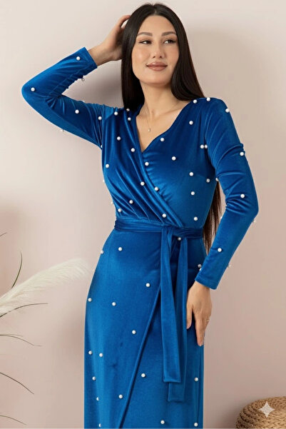 AZRA BUTİK Velvet Pearls Long Evening Dress Blue