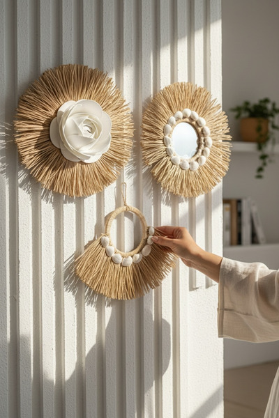 PearlHome Doğal Rafya Duvar Süsü & Ayna Dekor Seti – El Yapımı Boho Duvar Dek...