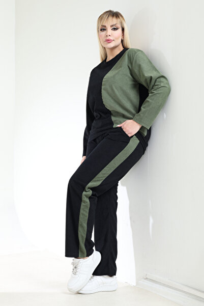 MELSAY Women's Plus Size Velvet Black-Green Color Block Tracksuit Set