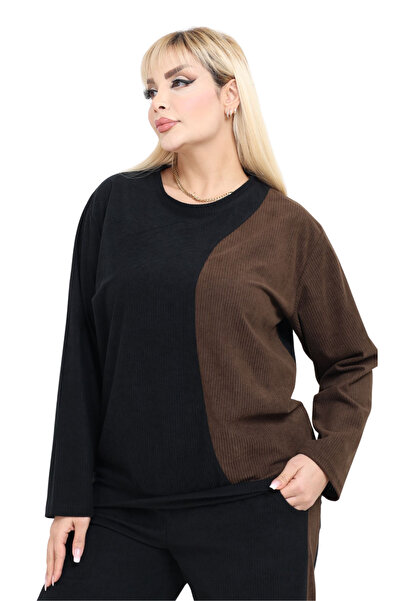 MELSAY Women's Plus Size Velvet Black-Brown Color Block Tracksuit Set