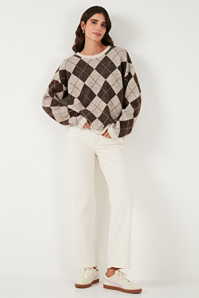 Lela Baklava Patterned Oversized Crew Neck Soft Textured Sweater Sweater 4616262