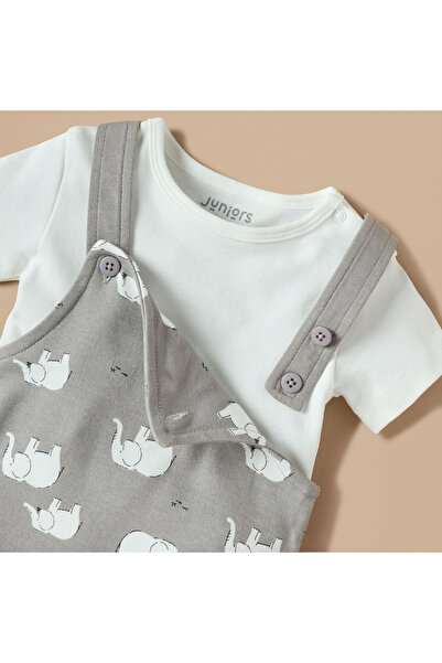 Juniors Solid T-shirt and Elephant Print Dungaree Set with Button Closure