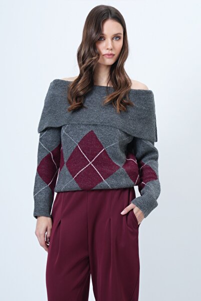 VAGGON Women's Anthracite Madonna Collar Diamond Patterned Knitwear Sweater Vs01522