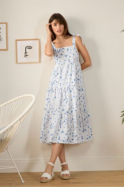 Tchibo Women Allover Print Sleeveless Midi Dress, White and Blue